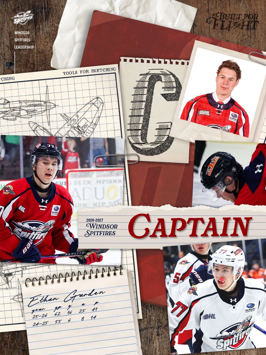 SpitsHockey's tweet photo. Meet Your 2026-27 Leadership Group ✈️

C- Ethan Garden
A- Anthony Cristoforo 
A- Conor Walton 
A (away)- Andrew Robinson 
A (home)- Johnny McLaughlin 

🗞️ https://t.co/lX6I4okjDS

#WindsorSpitfires #BuiltforFlight https://t.co/yZTaXifcw2