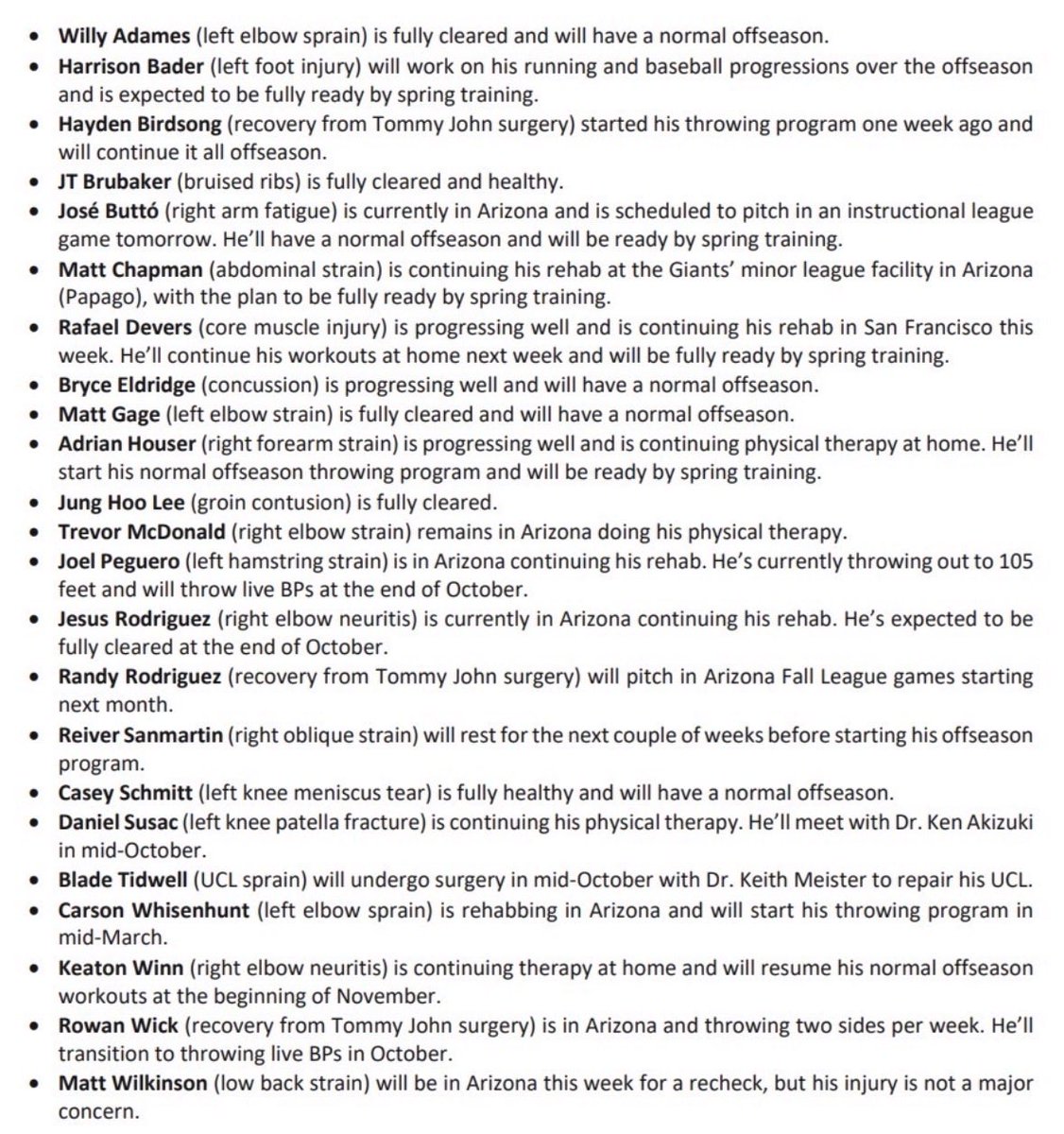 PavlovicNBCS's tweet photo. The Giants just put out the longest medical report of all time. The summary: Basically everyone who got hurt will be ready whenever spring training starts (other than the TJ group) https://t.co/DN3OI9q3R0