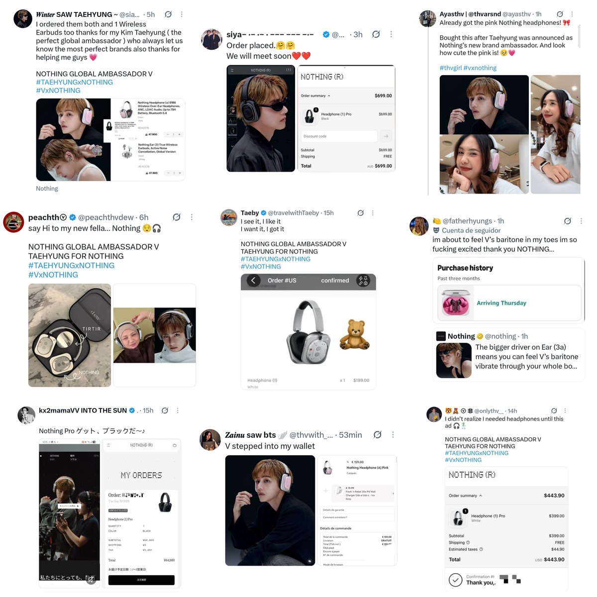 thvsarchive's tweet photo. Not even a full day since the announcement and fans are already ordering Nothing products. Taehyung’s impact is no joke. Brands aren’t just getting a global superstar, they’re getting someone who can turn attention into sales 😭 bro is CRAZY https://t.co/yznsnChzRB