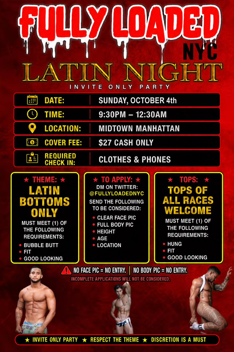 FULLYL0ADEDNYC's tweet photo. 📅 OCTOBER CALENDAR 📅

• LATIN NIGHT — Oct. 4
Latin bottoms only

• EBONY NIGHT — Oct. 11
Black bottoms only

• JOCK NIGHT — Oct. 18
Muscle bottoms only — all races

• PAWB NIGHT — Oct. 25
White bottoms only

🔥 TOPS OF ALL RACES ARE WELCOME AT EVERY EVENT! https://t.co/5XvVmB6L0H
