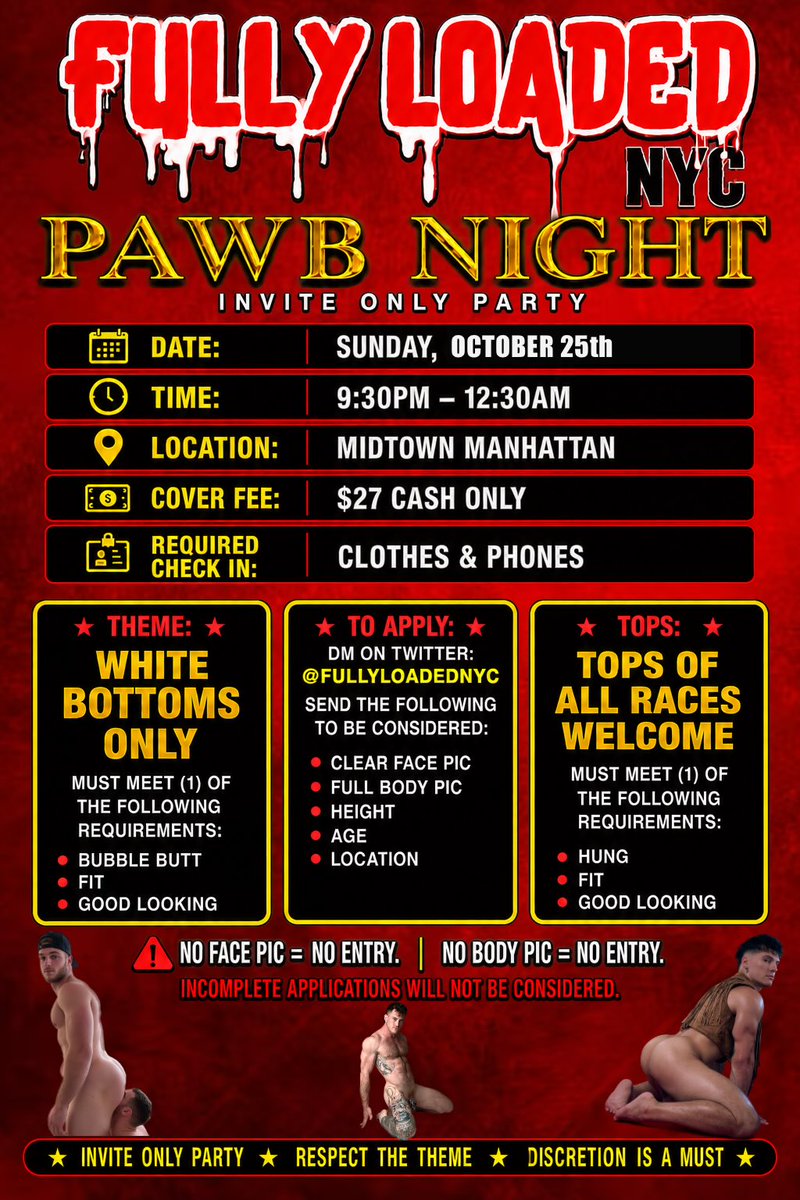 FULLYL0ADEDNYC's tweet photo. 📅 OCTOBER CALENDAR 📅

• LATIN NIGHT — Oct. 4
Latin bottoms only

• EBONY NIGHT — Oct. 11
Black bottoms only

• JOCK NIGHT — Oct. 18
Muscle bottoms only — all races

• PAWB NIGHT — Oct. 25
White bottoms only

🔥 TOPS OF ALL RACES ARE WELCOME AT EVERY EVENT! https://t.co/5XvVmB6L0H