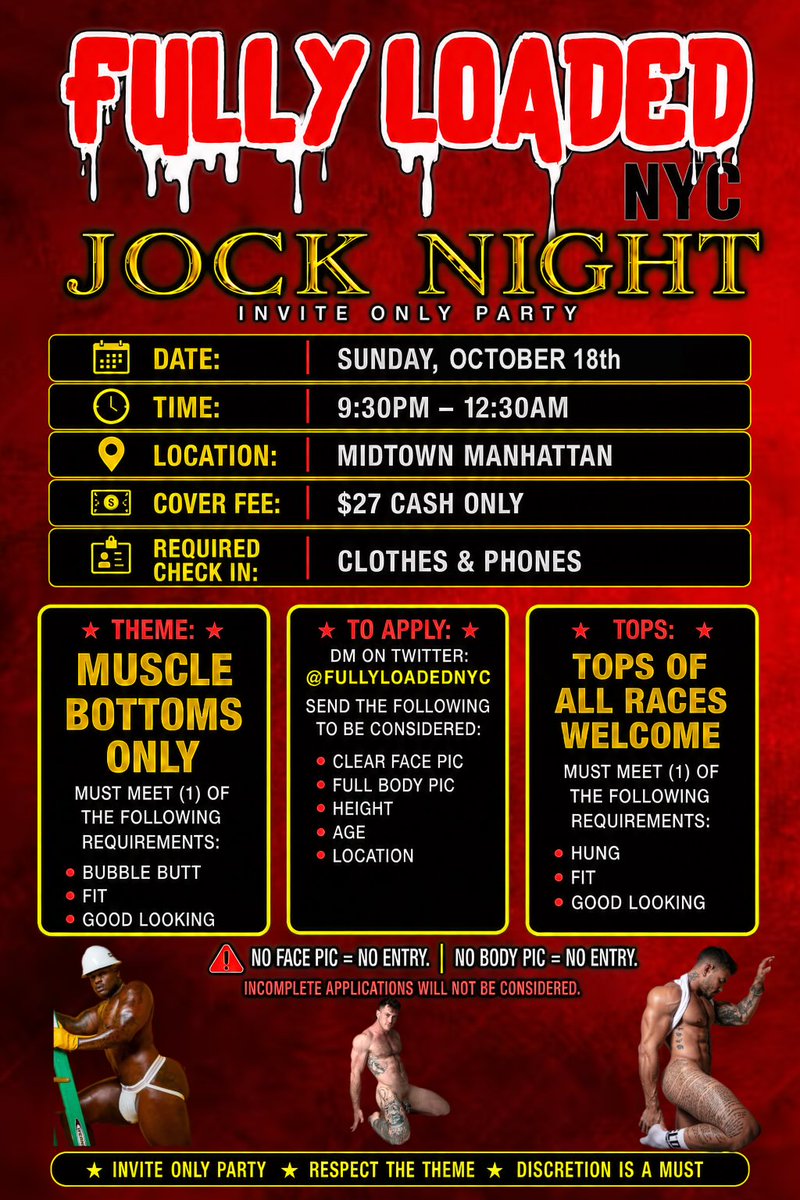 FULLYL0ADEDNYC's tweet photo. 📅 OCTOBER CALENDAR 📅

• LATIN NIGHT — Oct. 4
Latin bottoms only

• EBONY NIGHT — Oct. 11
Black bottoms only

• JOCK NIGHT — Oct. 18
Muscle bottoms only — all races

• PAWB NIGHT — Oct. 25
White bottoms only

🔥 TOPS OF ALL RACES ARE WELCOME AT EVERY EVENT! https://t.co/5XvVmB6L0H
