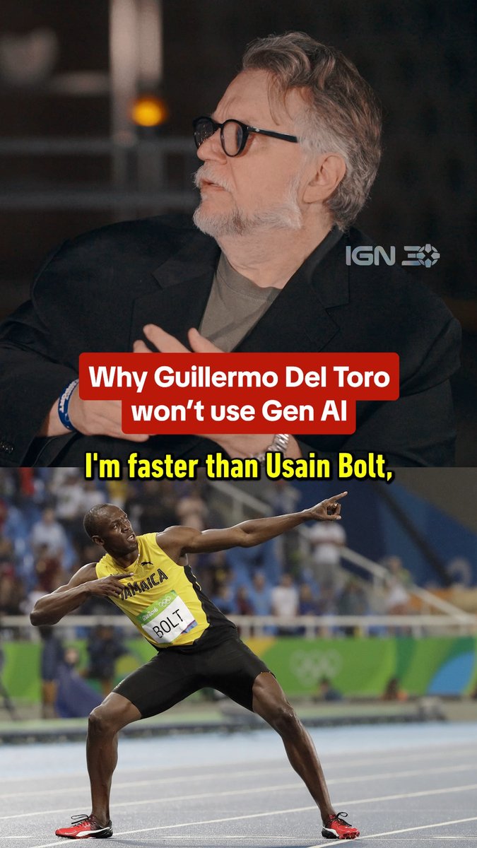 A meme featuring Guillermo Del Toro (via IGN) and Usain Bolt with text: 'Why Guillermo Del Toro won't use Gen AI / I'm faster than Usain Bolt,'.
