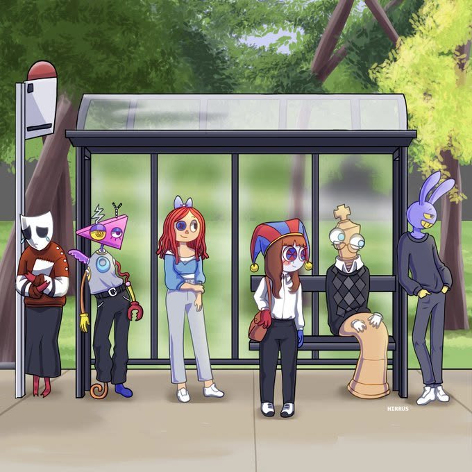 RuneZaZa's tweet photo. Just another normal day waiting for the 8:15 bus to the Digital Circus 🚌🎪.... 
Artby @HIRRUS
#Pomnijax #Funnybunny #Caine #TADC #TheAmazingDigitalCircusFanArt https://t.co/J28zmfQKbt
