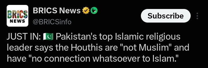 janoon220's tweet photo. پاکستان کے اعلیٰ اسلامی مذہبی رہنما نے کہا ہے کہ حوثیوں کا اسلام سے کوئی تعلق نہیں اور وہ مسلمان نہیں ہیں۔
@BRICSinfo https://t.co/lCCmBf5gc2