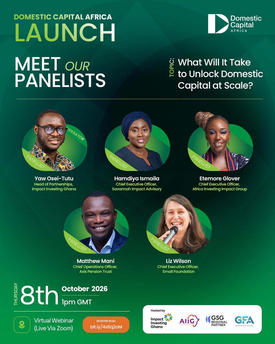 ImpactInvGh's tweet photo. What will it take to unlock domestic capital at scale?
Join our executive panel moderated by Yaw Osei-Tutu  featuring Matthew Mani, Hamdiya Ismaila (Savannah Impact), Etemore Glover &amp; Liz Wilson (Small Foundation)!   

🗓 Oct 8 | 1 PM GMT   
🔗 https://t.co/K5VdnRb9mJ https://t.co/9Pw7Hk0oRY