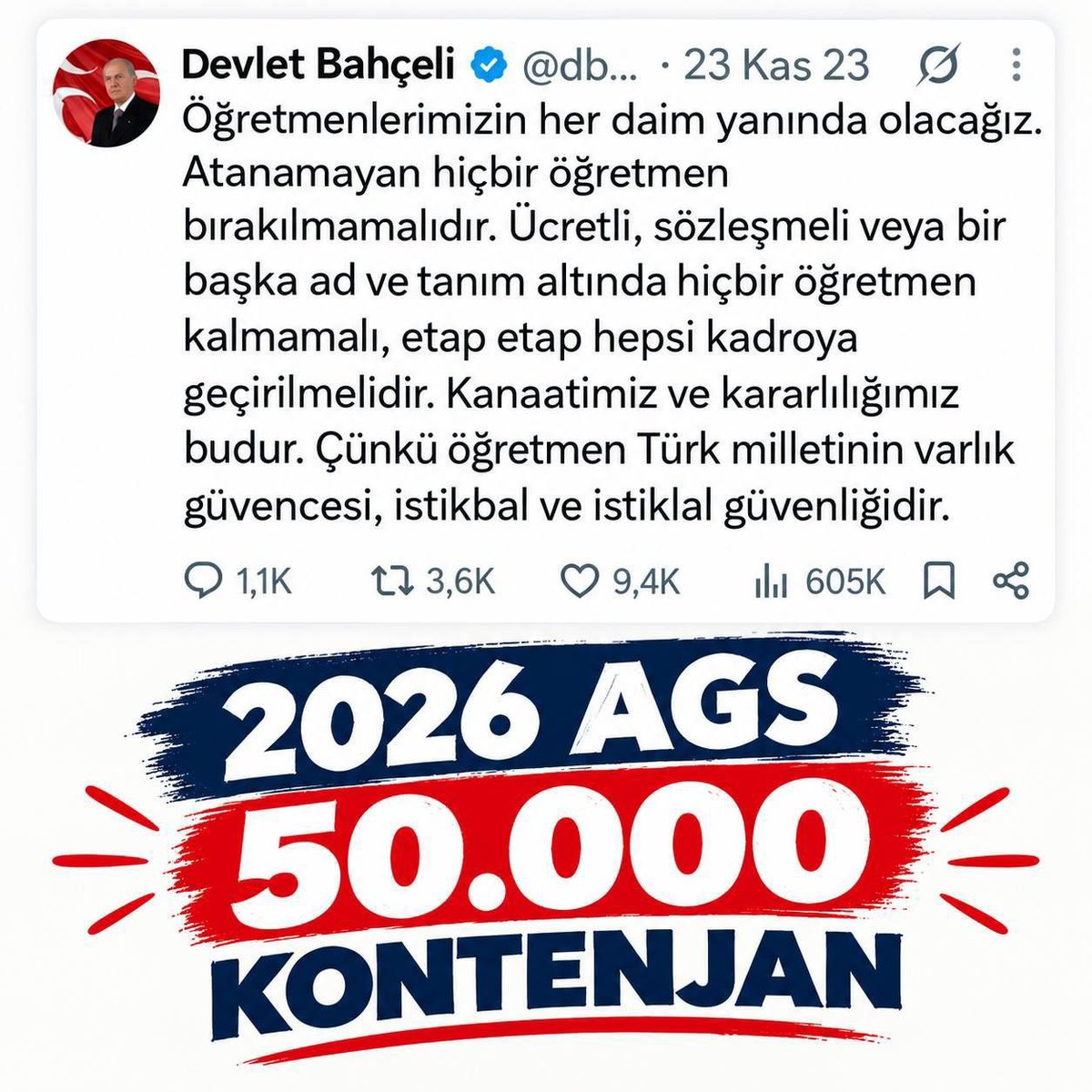 huseyinnceyhan's tweet photo. Geleceğimizin inşasında görev almak için bekleyen binlerce genç, Sayın Devlet Bey'den 2026 AGS kontenjanlarının 50 bin olması için destek bekliyor. 

#AGS50BinDevletBeyle https://t.co/zVnn65oh38