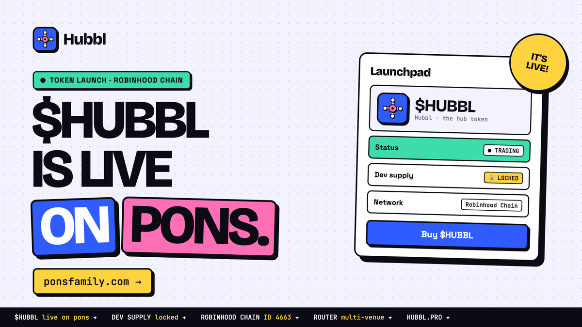HUBBLPRO's tweet photo. $HUBBL is live on pons

CA: 0x2a81d174d1dc7ae36a77ee0c066f6597ff048632

One router for every market on robinhood chain. launch tokens, stocks, RWAs, all from one swap box

https://t.co/8lwiZ3NCxe https://t.co/wUEzK8WBMe