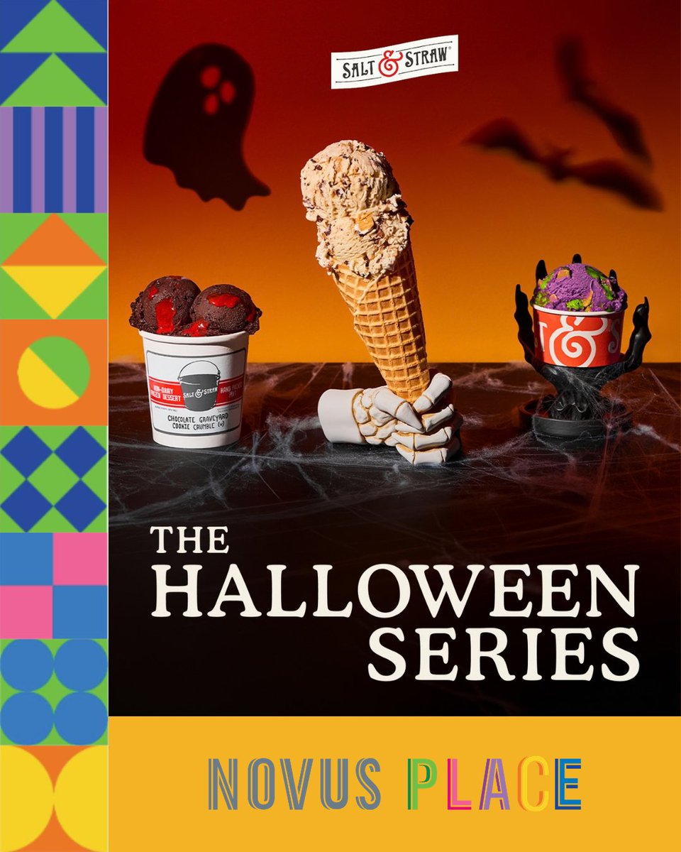 NovusASU's tweet photo. Trick or treat yourself. 🎃🍦 Salt &amp; Straw’s Halloween Series is here at Novus Place with five frightfully fun flavors—including candy-filled goodness, pumpkin bread &amp; edible creepy crawlies. 🦗👻 https://t.co/9QNNKK0YMR