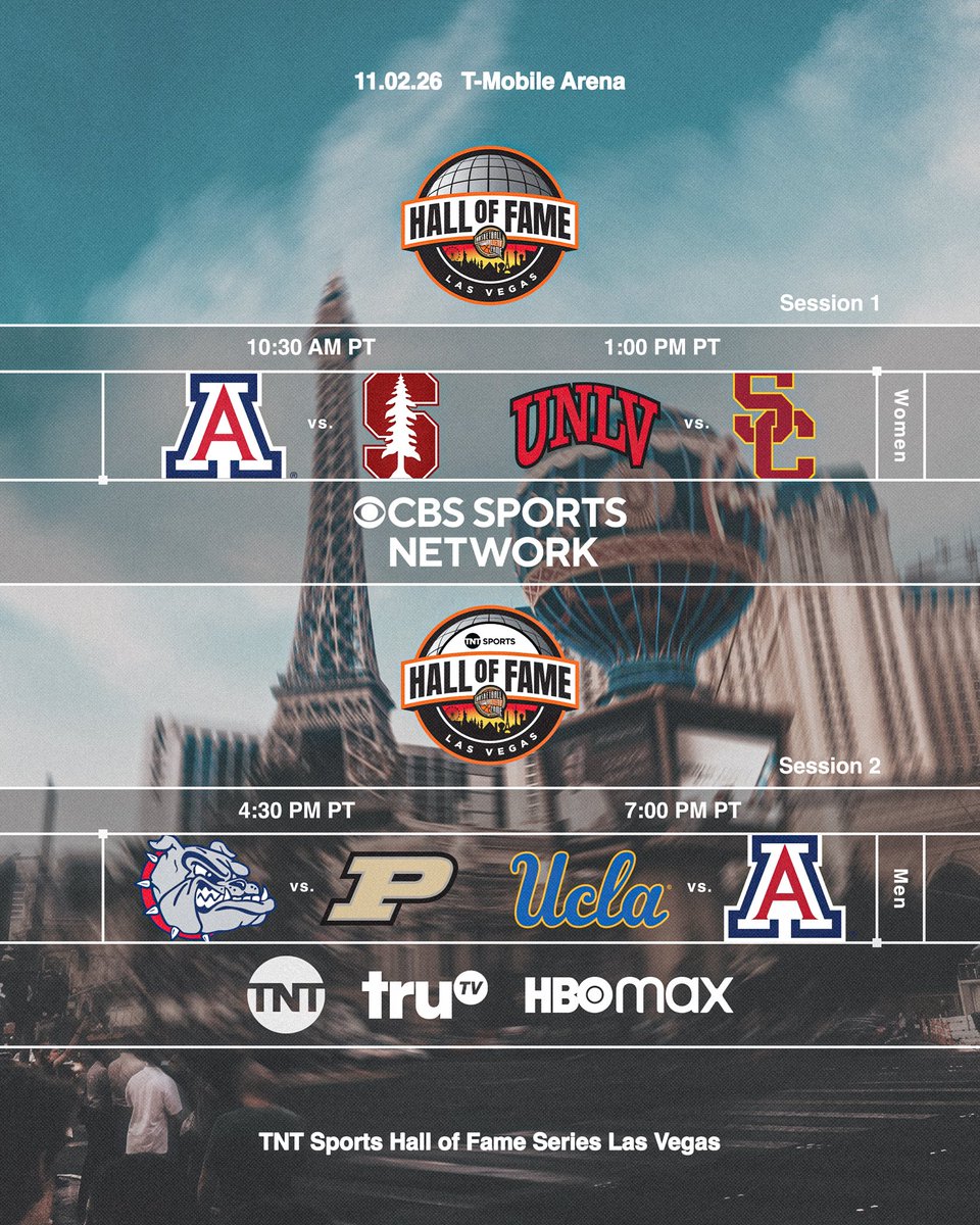 hofseries's tweet photo. The schedule is set. 📺🏀 (1/6)

Session 1: HOF Series Las Vegas 
🏀 @ArizonaWBB vs @StanfordWBB 
🏀 @UNLVLadyRebels vs @USCWBB 

Session 2: TNT Sports HOF Series Las Vegas
🏀 @ZagMBB vs @BoilerBall 
🏀 @UCLAMBB vs @ArizonaMBB 

#HOFSeries | #HoophallU https://t.co/ey3H2XtF1D