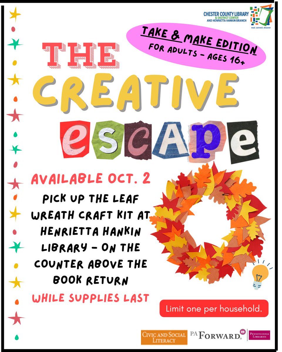 HankinLibrary's tweet photo. Our Creative Escape has changed to a "take &amp; make" for adults! Come by on the 1st Friday of each month (starting Oct. 2) to pick up a new creative escape craft kit! While supplies last with a limit of 1 per household. https://t.co/Z3dHMSOs3W