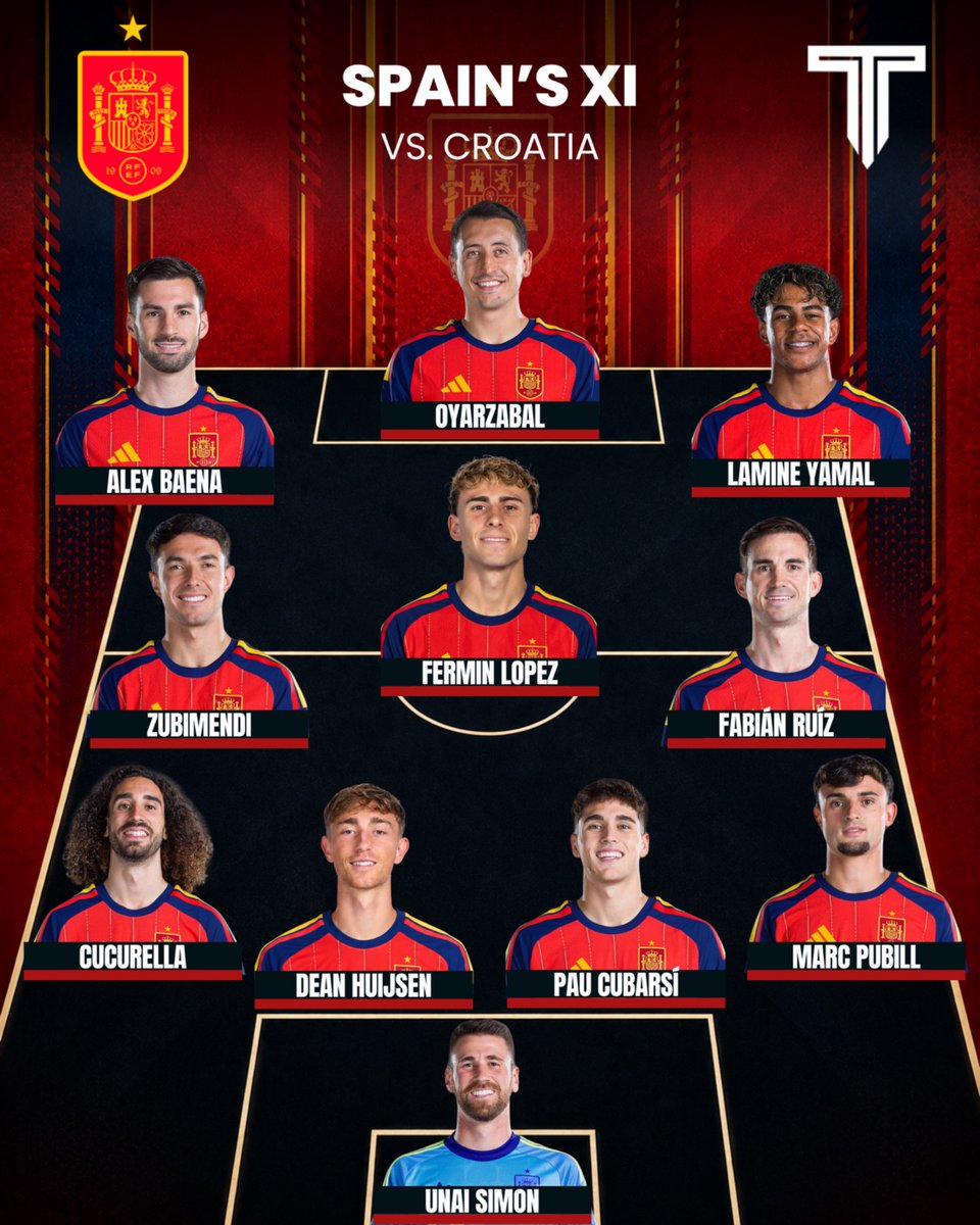 TouchlineX's tweet photo. 🚨 𝗢𝗙𝗙𝗜𝗖𝗜𝗔𝗟: Spain XI for their Nations League game vs. Croatia! 🇪🇸💫 https://t.co/riebrdH3OE