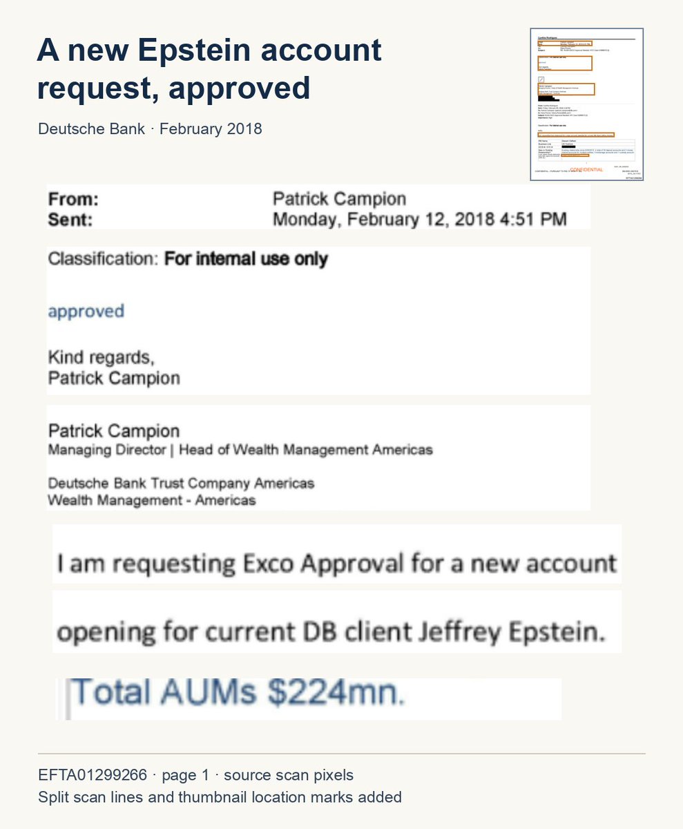 epsteinsearchin's tweet photo. In February 2018, Deutsche Bank's Patrick Campion replied "approved" to a request for another Jeffrey Epstein account.

The request listed $224 million in assets under management. https://t.co/ykSbi0BBMQ