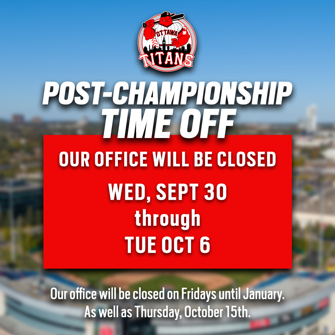 ottawa_titans's tweet photo. After accomplishing so many incredible things this season, we're taking a quick break to reset π΄
Our office will be closed tomorrow, Sept 30 through Tues, Oct 6. π
We'll re-open at 9:00am on Wednesday, October 7th!
#FullSwing https://t.co/8dMQphkVcX