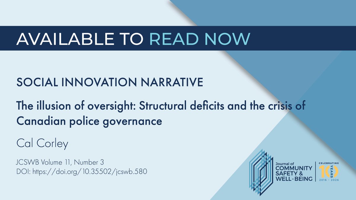 JournalCSWB's tweet photo. Is civilian police oversight in Canada an illusion? @CalCorley explores 3 core structural issues crippling police boards today and sets out a practical roadmap for governance reform: https://t.co/ZvsLh4pngS 
@CSKACanada @CACP_ACCP @CAPG_ACGP @StamatakisCPA @OAPSB @ONInspectorate https://t.co/lLO6IBbZvt
