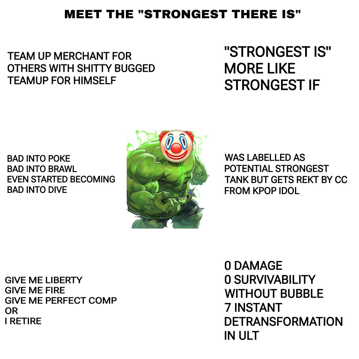 shub35177's tweet photo. Damage and healing numbers powercrept this bitch ass tank. Even psylocke (dive btw) is able to fry his ass. 
Cc got doubled/tripled after season 9 with every motherfucker having a vulnerability, damage boost or %damage. https://t.co/qPL5y4AcxL