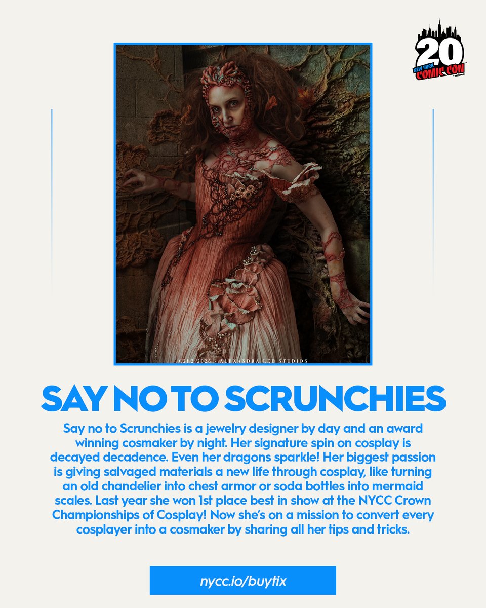 NY_Comic_Con's tweet photo. Meet the cosplayers helping crown this year's champions 💥 Say No to Scrunchies, Dressesandcapes, and Akellyz are this year's Cosplay Central Crown Championships judges. 

Throughout the weekend, you'll be able to meet them at Cosplay Central, see their work on display, and watch them help spotlight the incredible talent in our cosplay community during the Cosplay Central Crown Championships and Cosplay Showcase. 

You’ve seen their builds online. Now see the craftsmanship up close at NYCC. Get tickets at https://t.co/bGfHEghTqs 

Cosplay Central, Cosplay Central Crown Championships, & Cosplay Repair presented by Krazy Glue