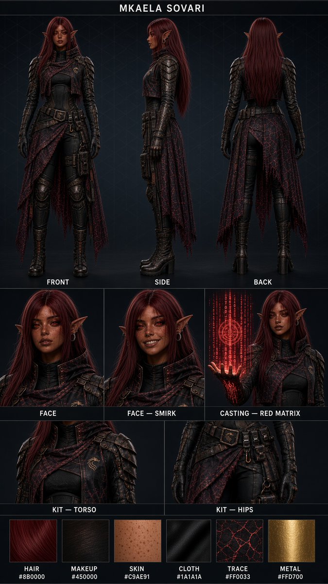 Vaelari_AI's tweet photo. Updated my original Reference pic for Mkaela to have a palette and gen'd a new one for a new outfit
Also gen'd up my new OC Aerin Kade's Reference sheet
Mkaela's alt outfit and Aerin's outfit use outfits references made by @Pyndragon, check them out they make lots of preem shit. https://t.co/WnicHnvJl4