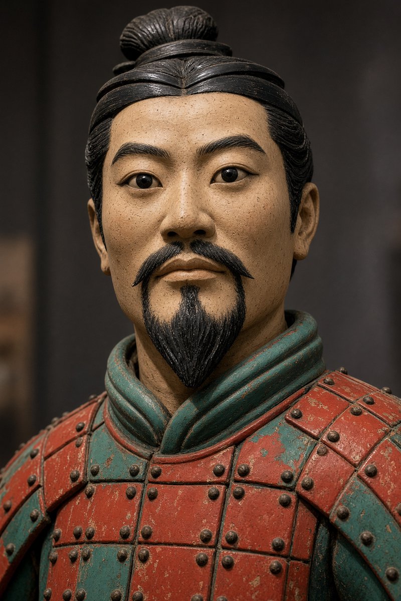 RebuiltWorlds's tweet photo. @whencyclopedia Most of the roughly 8,000 figures are still underground east of the mound. The ones on view look gray because their original paint usually flakes soon after excavation. Rebuilt one warrior's face and armor in color with Grok Imagine. https://t.co/ZL2mtcj3qO