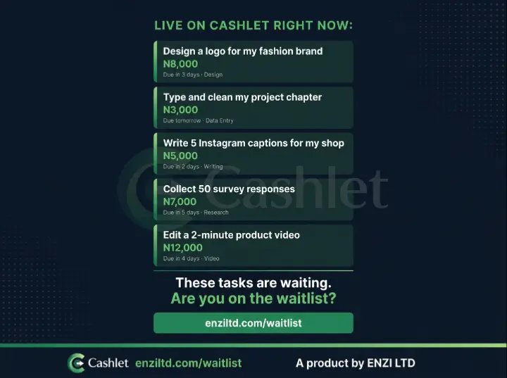 Enzi_ltd's tweet photo. When Cashlet comes live, what task will you post or what task will you do?
We want to know. 
Join the waitlist: https://t.co/XOmrNNUDP8
#Cashlet #ENZILTD #Tasker #TaskPoster #NigeriaTech @InsideOsogbo https://t.co/SULiH8mxWe