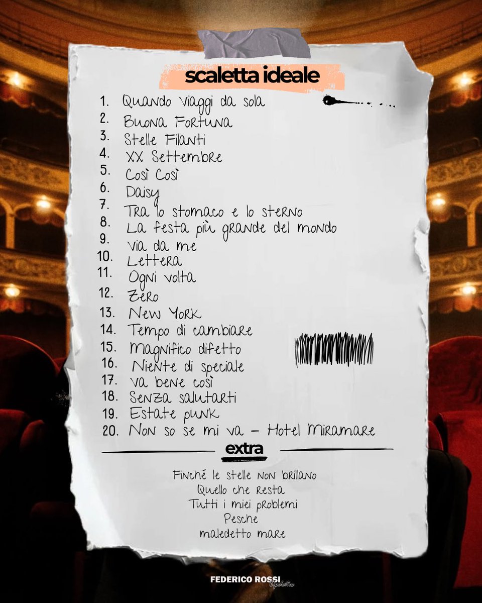 FRossi_Updates's tweet photo. È passata una settimana da quando vi abbiamo chiesto di votare le canzoni che, secondo noi fan, non possono mancare al “Sempre in due - live a teatro” 🧡

Abbiamo raccolto tutte le preferenze e ne è nata la nostra scaletta ideale 💫

Che ne pensiamo? https://t.co/cn9phGptnf