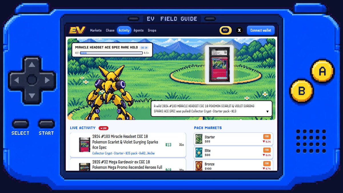EV_Dex's tweet photo. Every pull, on the record.

A venue tells you its odds. It doesn't show you what actually came out.

EV watches every pull as it lands: the card, the grade, what it's worth, which pack it came from and who pulled it. That's the Activity tape, live, with the big hits flagged the moment they happen.

The tape does a second job. Every pack page puts the venue's published odds next to what EV has actually seen come out of that pack, tier by tier. On track, above claim or below claim. The odds stop being a promise and become something you can check.

Every wallet that rips becomes a trainer, with its pulls, its best hit and its badges on a card of its own.

Watch a chase, and EV tells you the moment someone pulls it.