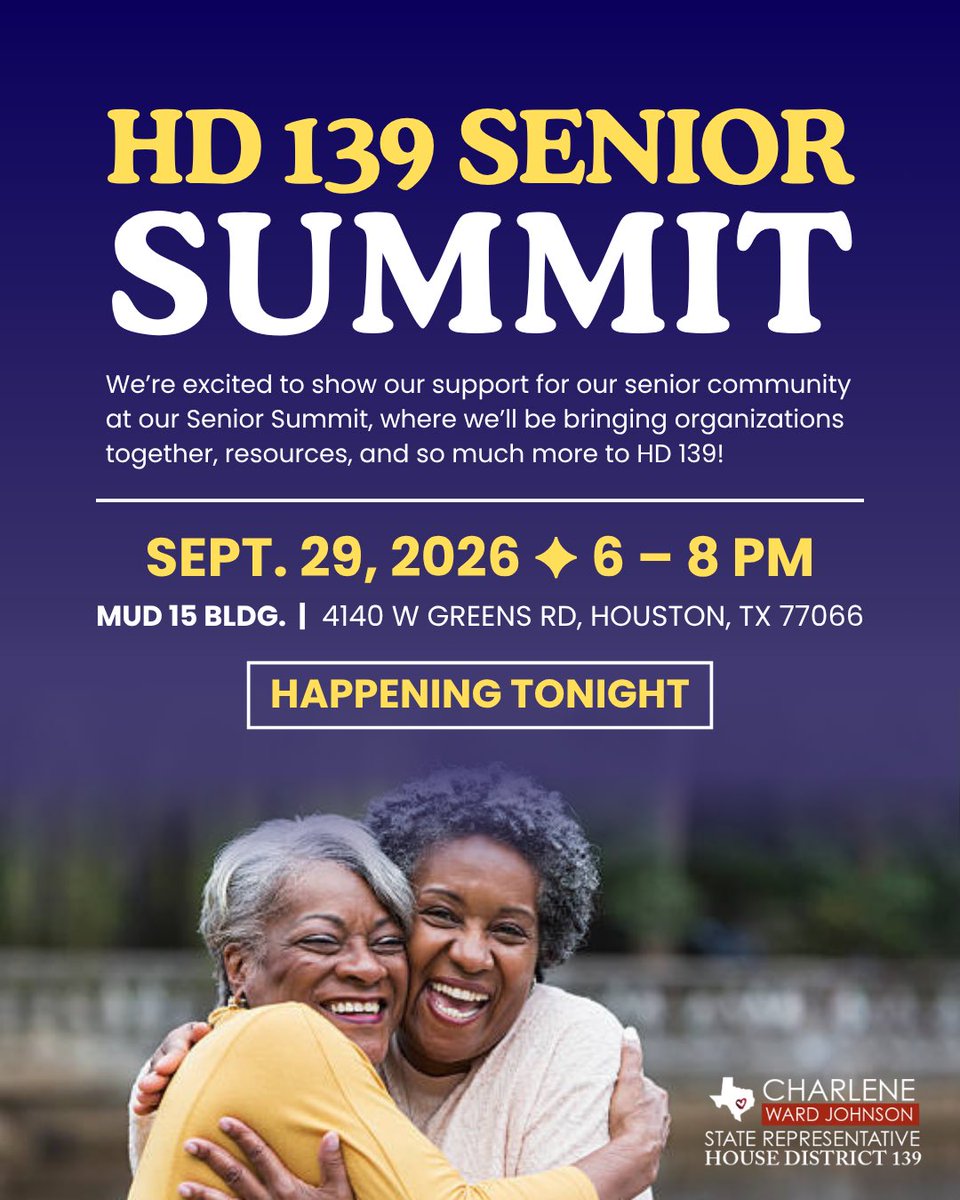 RepCWJ's tweet photo. Today's the day! 💫  

Join Team Ward Johnson tonight at our HD 139 Senior Summit happening at the Harris County MUD 15 Building (4140 W Greens Rd, Houston, TX 77066) from 6 to 8 pm!

We'll have door prizes and snacks, so be sure to stop by tonight! #TeamCWJ #HD139 https://t.co/PjPvG52Z6x