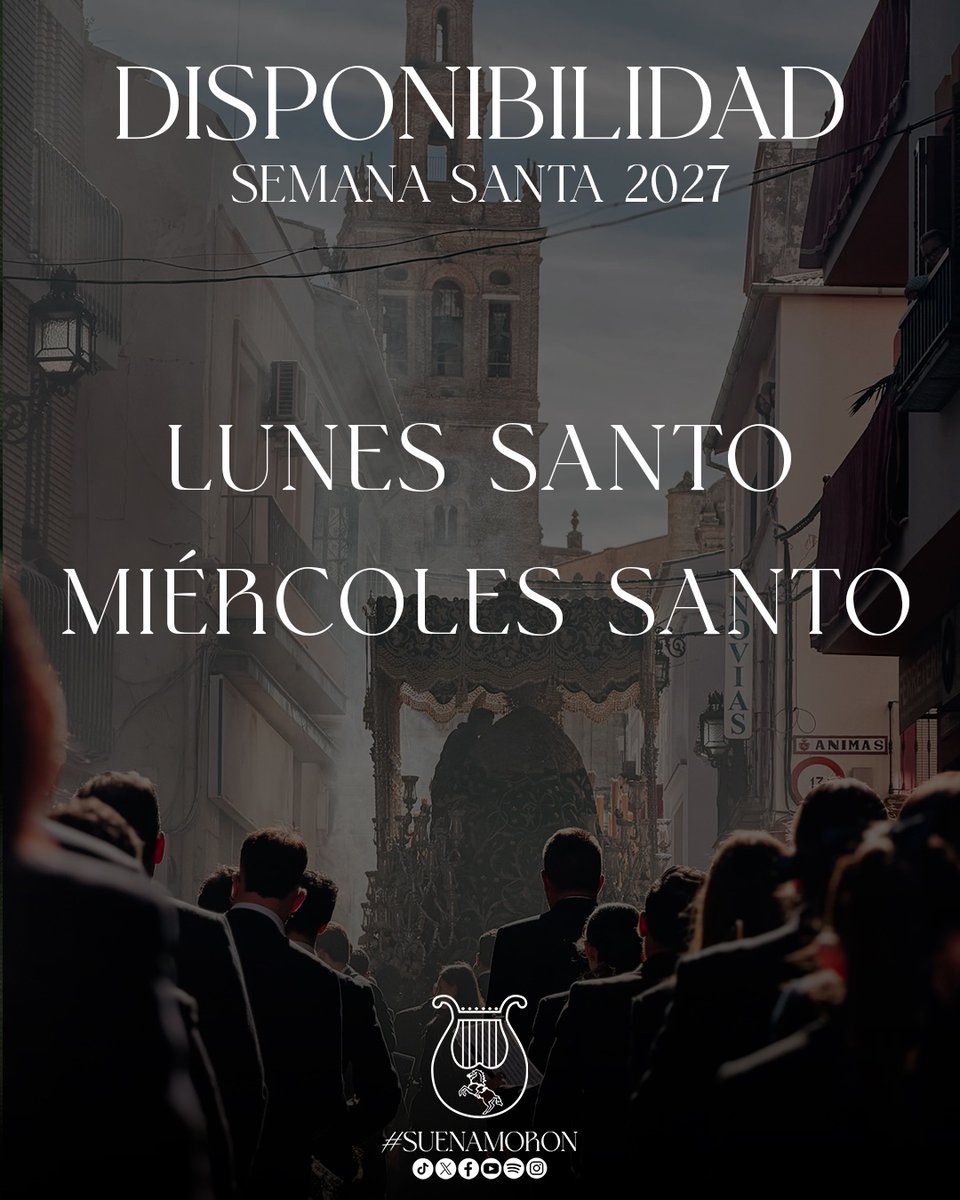 MunicipalMoron's tweet photo. ¡Aún tenemos algunas fechas disponibles para la Semana Santa 2027! 🎶

📩 Si estáis interesados en haceros con nuestros servicios para las jornadas de Lunes Santo y Miércoles Santo, no dudéis en contactar con nosotros. ¡Estaremos encantados de hablar con vosotros!

🟡 #suenamoron https://t.co/sAkRLylGNk