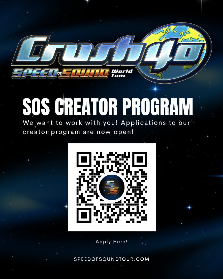 Crush40SoSTour's tweet photo. CONTENT CREATORS
Applications for our creator program are OPEN!
Scan the QR code or apply on our website!
ย ๐ https://t.co/LyZ6aTkMww
#crush40 #speedofsoundtour #sosambassador #sonicthehedgehogmusic https://t.co/tPTQ7FNxer