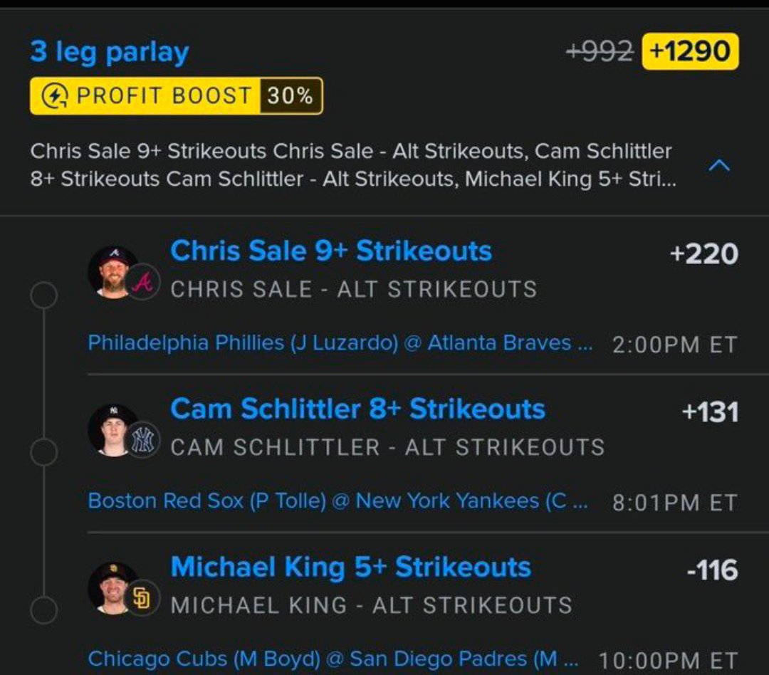 JameslockZ__'s tweet photo. 💥⚾️ K’S ARE ABOUT TO RAIN DOWN. STRIKEOUT LADDER IS LOADED! 🔥🔥

🎯 CHRIS SALE — 9+ Ks
🎯 CAM SCHLITTLER — 8+ Ks
🎯 MICHAEL KING — 5+ Ks

LET THE PUNCHOUTS FLY. 💨💥
@Playbook https://t.co/uT6B5NP2xQ