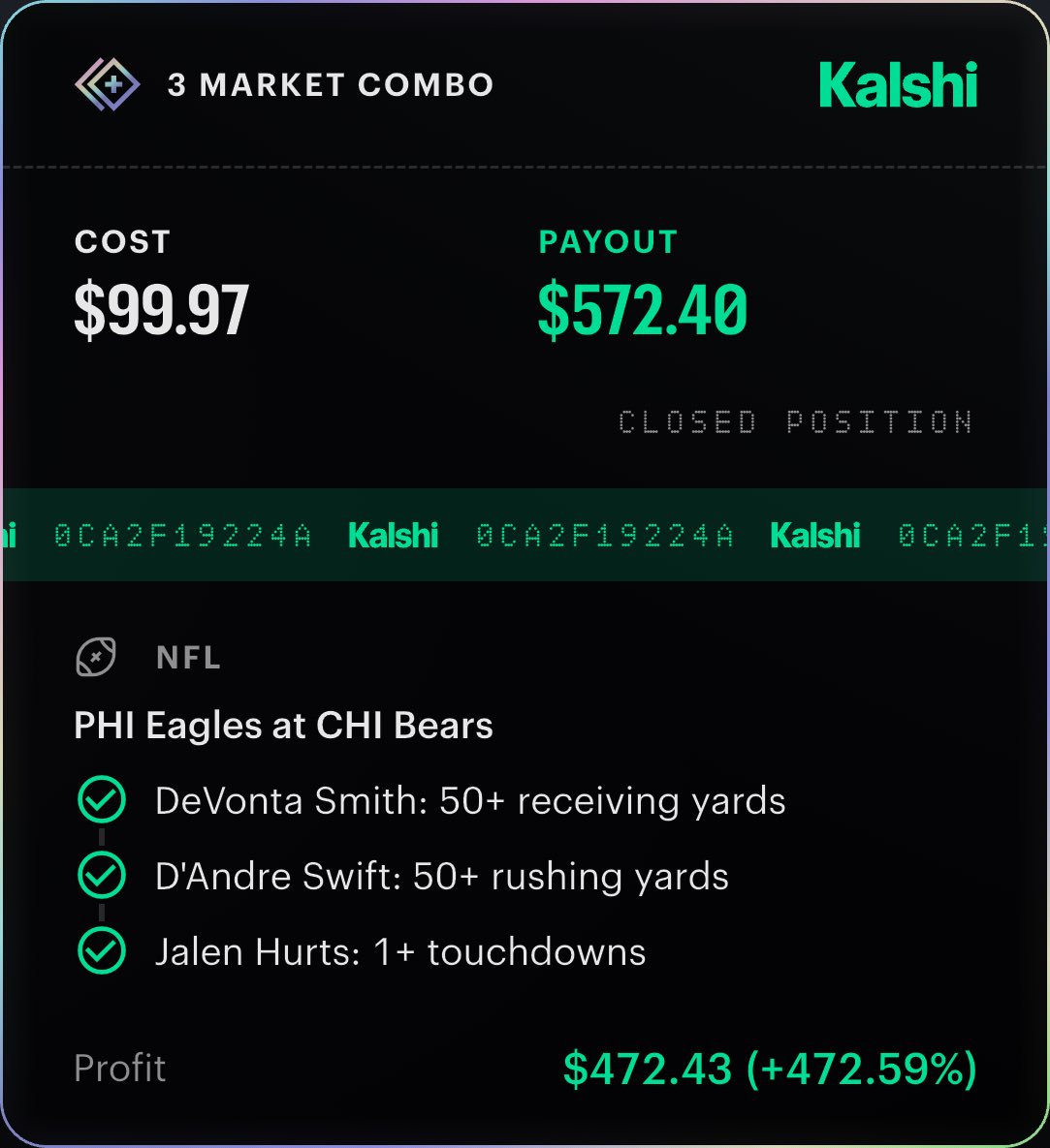 CBLocksss's tweet photo. @ParlaybyAce1 @Playbook 🔥BANGGGG🔥

• D. Smith Over 50+ Receiving Yards ✅
• D. Swift Over 50+ Rushing Yards ✅
• J. Hurts 1+ Anytime Touchdown ✅

$100 ➡️ $572 https://t.co/VGpqY8Y3Ek