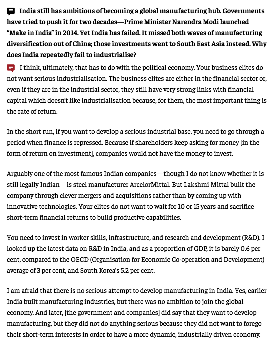 haugejostein's tweet photo. Why has India failed to industrialize?

Ha-Joon Chang argues that it’s because India’s business and financial elites oppose industrialization — and that it won’t happen unless their power is curbed. https://t.co/QCa332ID9i