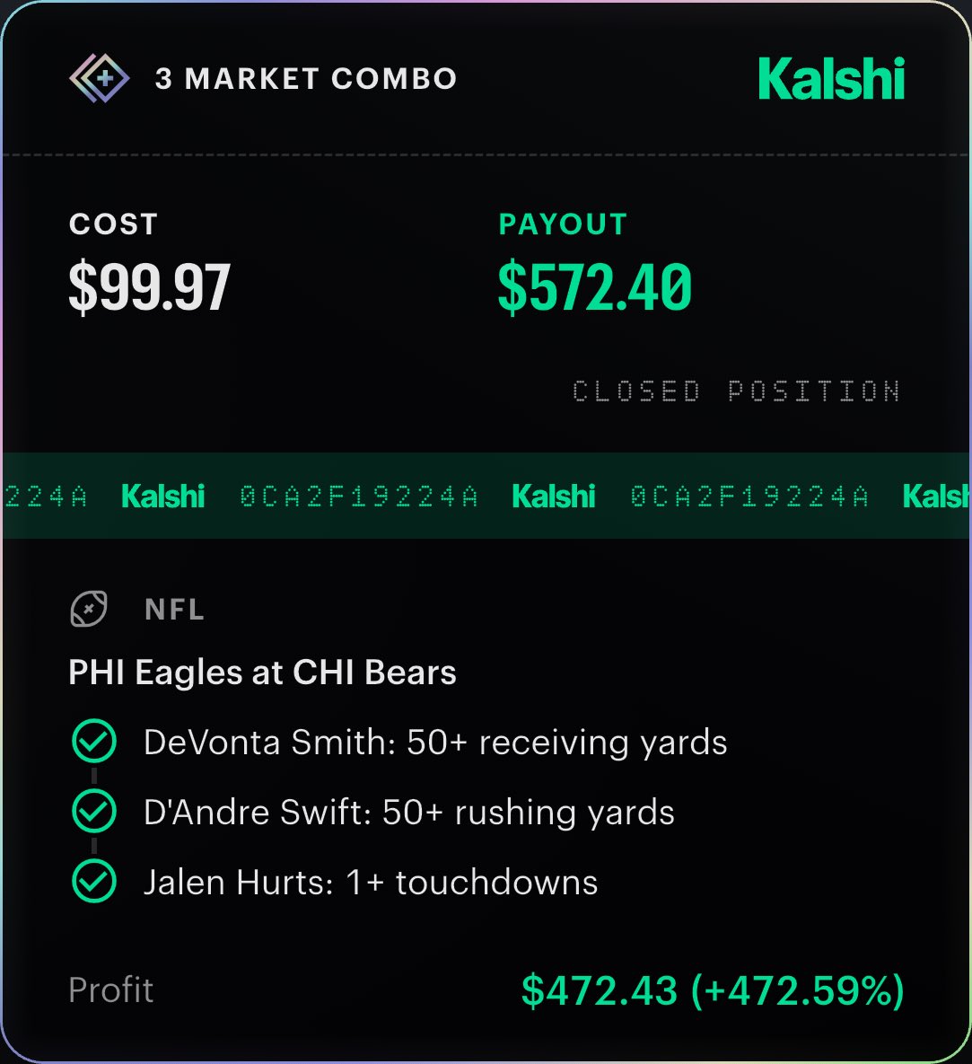 CBLocksss's tweet photo. @BookitWithTrent 🔥BANGGGG🔥

• D. Smith Over 50+ Receiving Yards ✅
• D. Swift Over 50+ Rushing Yards ✅
• J. Hurts 1+ Anytime Touchdown ✅

$100 ➡️ $572 https://t.co/t8l0V1gV23