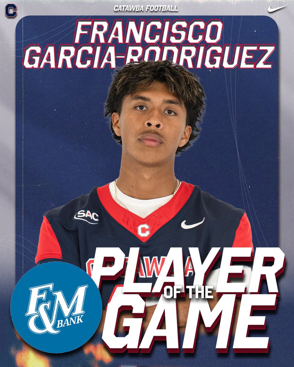 CatawbaIndians's tweet photo. Flawless Francisco 💪

Drilling field goals from 31 and 38 yards while going 2-for-2 on PATs, Francisco Garcia Rodriguez is @CatawbaFootball’s F&amp;M Bank Player of the Game!

#BleedBlue | #CatawbaCulture https://t.co/vjE88Z6A7k