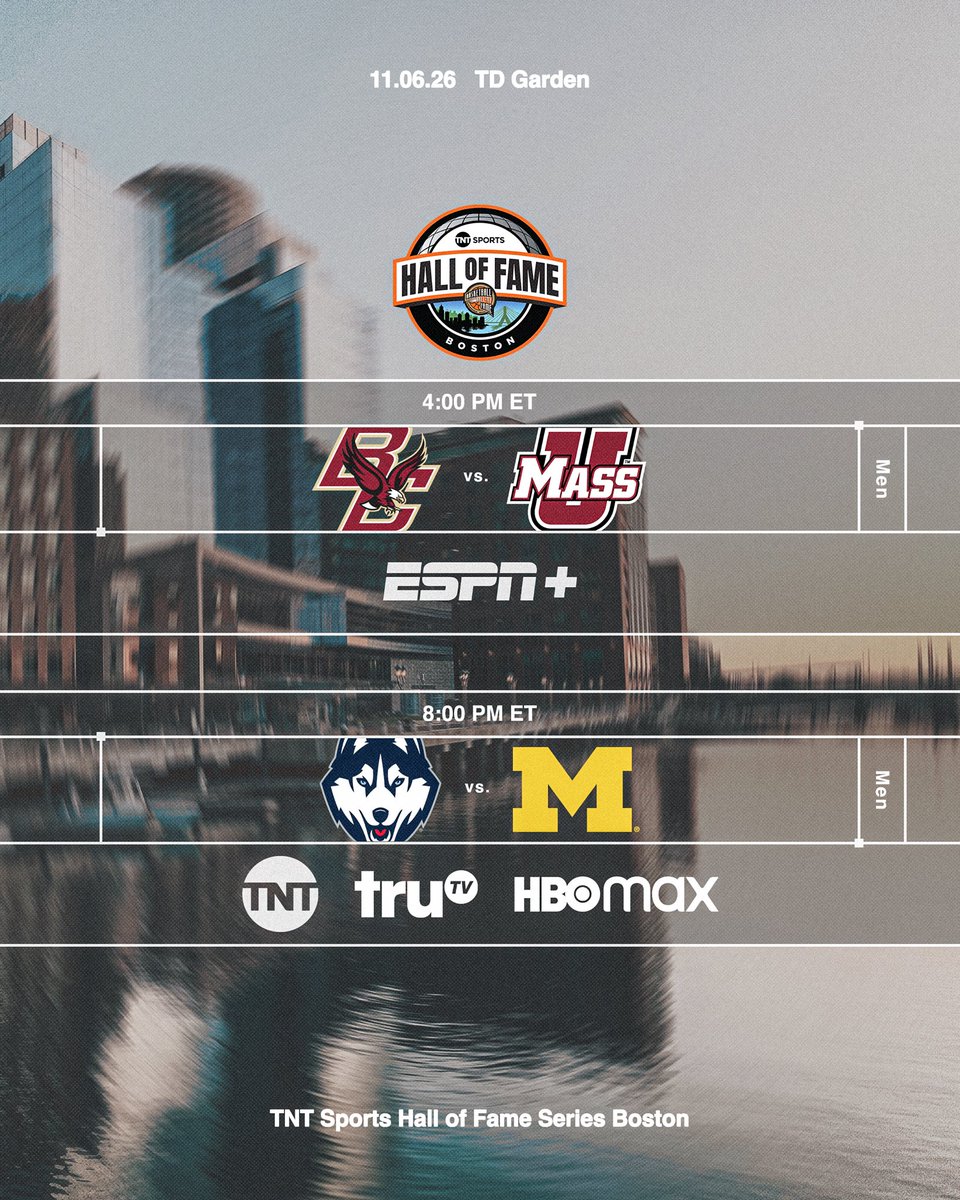 hofseries's tweet photo. The schedule is set. 📺🏀 (2/6)

TNT Sports HOF Series Boston 
🏀 @BCMBB vs @UMassMBB 
🏀 @UConnMBB vs @umichbball 

#HOFSeries | #HoophallU https://t.co/PmTl5sVl1y