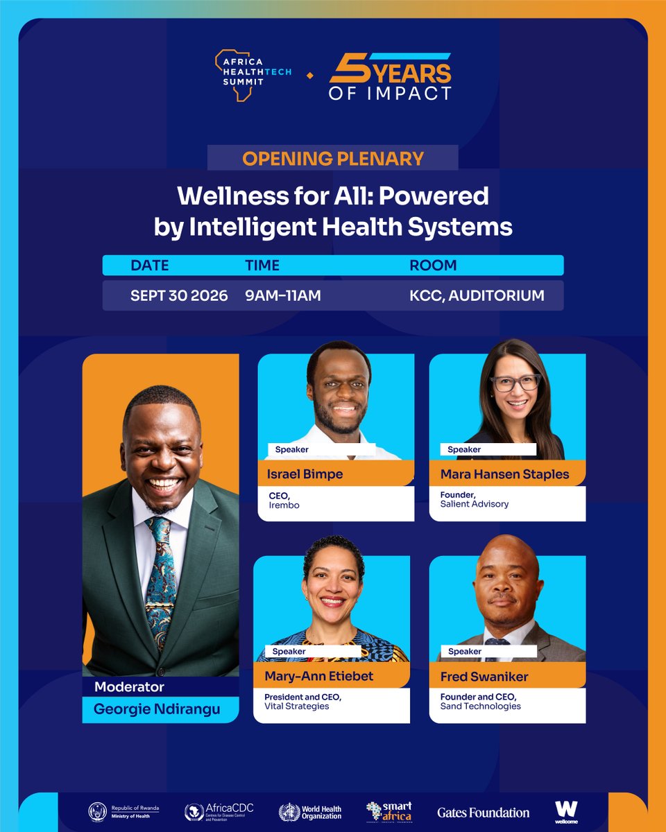 AfricaHTSummit's tweet photo. Four leaders. Four critical parts of the health system. One opening conversation that could define what Africa builds next.

The #AHTSat5 Opening Plenary is special because this is not another broad conversation about the promise of technology. It brings the people responsible for the infrastructure, markets, public-health intelligence and talent behind intelligent health systems onto one stage.

Moderated by @georgiendirangu:

· @israb12, CEO of @TeamIrembo, brings the digital public infrastructure and national-scale implementation perspective, how trusted platforms can connect institutions and deliver services to millions of citizens.

· @marakatherine1, Founder of @salientadvisory, brings a deep understanding of Africa’s healthtech market, informed by tracking more than 1,000 companies and working across procurement, financing, commercialisation and government adoption.

· @MEtiebetMD, President and CEO of @VitalStrat, brings the public-health and equity perspective, how data and AI can strengthen prevention, improve decisions and produce measurable outcomes for entire populations.

· @FredSwaniker, Founder and CEO of @SandTechInc, brings the AI, talent and execution perspective, what Africa must do to build, own and operate intelligent systems with its own engineers and delivery capacity.

Together, they will confront the real challenge: the technology already exists. Can Africa integrate it, govern it, finance it, build the talent behind it and scale it without creating another generation of disconnected solutions?

Wellness for All: Powered by Intelligent Health Systems

📅 30 September 2026
🕘 9:00–11:00 AM
📍 Auditorium, Kigali Convention Centre
⏰ Guests should be seated by 8:30 AM

Five years brought the ecosystem together. This conversation asks what we are now prepared to build together.

#AHTS2026 #AHTSAt5 #WellnessForAll #IntelligentHealthSystems #AIForHealth #AfricaHealthTech