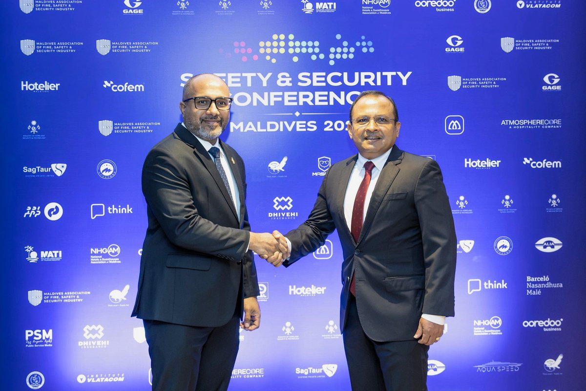HomeMinistrymv's tweet photo. Minister of Homeland Security and Technology Ali Ihusaan addressed the Safety & Security Conference Maldives 2026, highlighting the importance of stronger safety standards, preparedness, technology and collaboration in building a safer and more resilient Maldives.

The conference, hosted by MAFSSI, brings together government and industry stakeholders to strengthen safety, security and resilience across the tourism sector. 

#SafetyAndSecurity #TourismSafety #Maldives #HomeMinistryMv