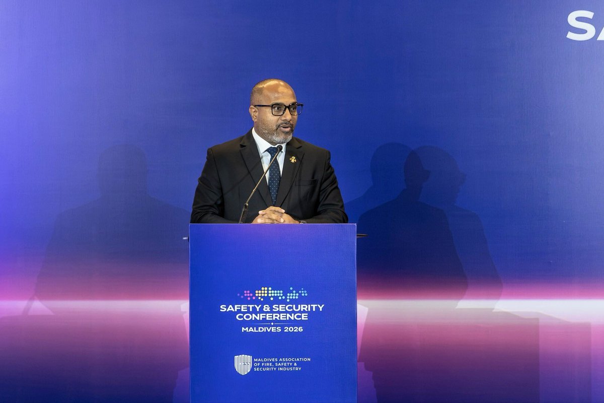 HomeMinistrymv's tweet photo. Minister of Homeland Security and Technology Ali Ihusaan addressed the Safety & Security Conference Maldives 2026, highlighting the importance of stronger safety standards, preparedness, technology and collaboration in building a safer and more resilient Maldives.

The conference, hosted by MAFSSI, brings together government and industry stakeholders to strengthen safety, security and resilience across the tourism sector. 

#SafetyAndSecurity #TourismSafety #Maldives #HomeMinistryMv