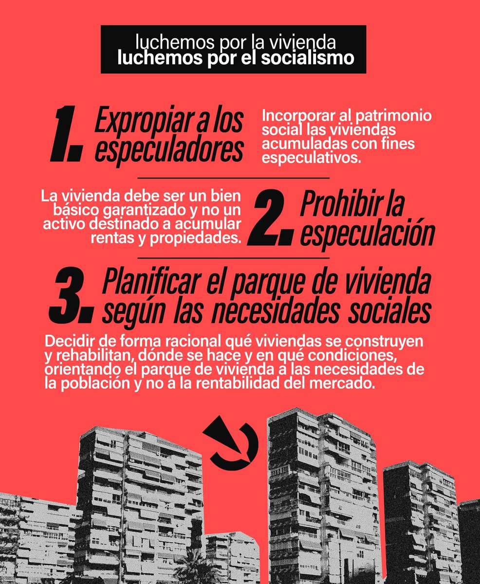CJSocialista's tweet photo. Porque el problema de la vivienda sí tiene solución:

Expropiación del patrimonio de los especuladores.

Prohibición del uso especulativo de la vivienda.

Planificación de la producción y uso de la vivienda en base a las necesidades sociales. https://t.co/iPf5F1Mao2