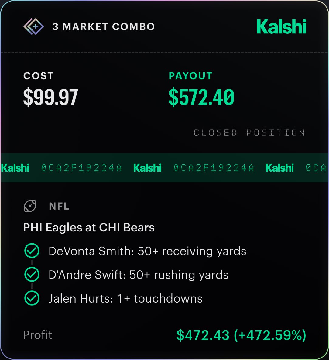 CBLocksss's tweet photo. @Bobby__tracker 🔥BANGGGG🔥

• D. Smith Over 50+ Receiving Yards ✅
• D. Swift Over 50+ Rushing Yards ✅
• J. Hurts 1+ Anytime Touchdown ✅

$100 ➡️ $572 https://t.co/00qceNseN8