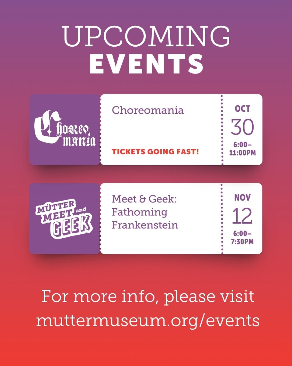 MutterMuseum's tweet photo. Discover the history of the "freak show," explore the science and medicine that influenced "Frankenstein," and dance until you drop!

Don't miss our spooky season lineup. Sign up for all these and more today: https://t.co/NHeBXOT3Po https://t.co/sZMCjWdZDA