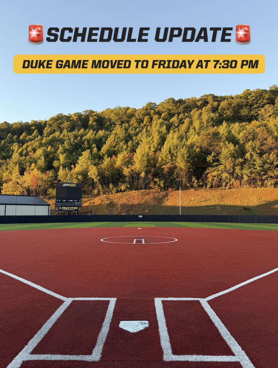 AppStateSB's tweet photo. Due to forecasted inclement weather, Saturday’s fall game at Duke will be moved to Friday at 7:30 p.m.

See you in Durham!

#OTM https://t.co/XEYh7MjUba