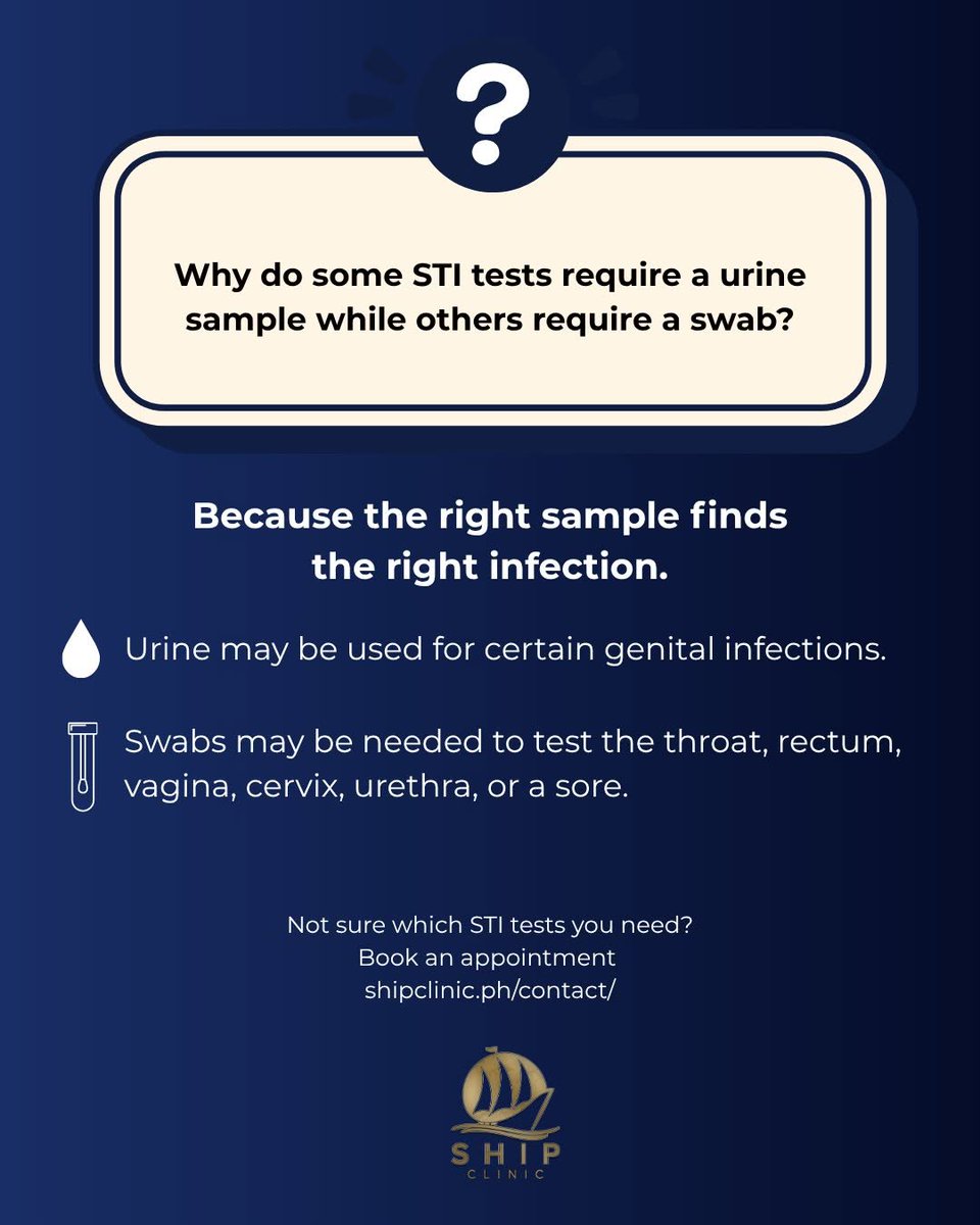 SHIP_Clinic's tweet photo. Urine or swab?

Getting the right sample helps make sure you’re getting the right STI test for you.

Not sure what you need?

Book an appointment with SHIP Clinic:
🔗 https://t.co/cQgPf1fd8y
📱0919-059-9915
☎️  (02) 3491-7349

#SHIPClinic https://t.co/3JwVJhnc6m