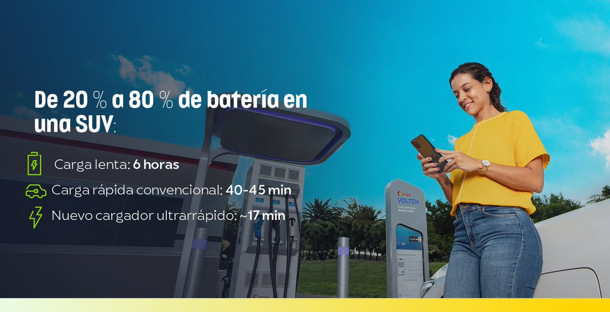 TerpelCol's tweet photo. Colombia ya tiene el cargador ultrarrápido más potente del país gracias a Terpel. ​

Está ubicado en nuestra estación El Sol por la Autopista Norte de Bogotá y reduce hasta en 50 % los tiempos de carga frente a un cargador rápido convencional.​

Seguimos construyendo la infraestructura que la transición energética necesita.⚡​

#MovilidadEléctrica #Terpel