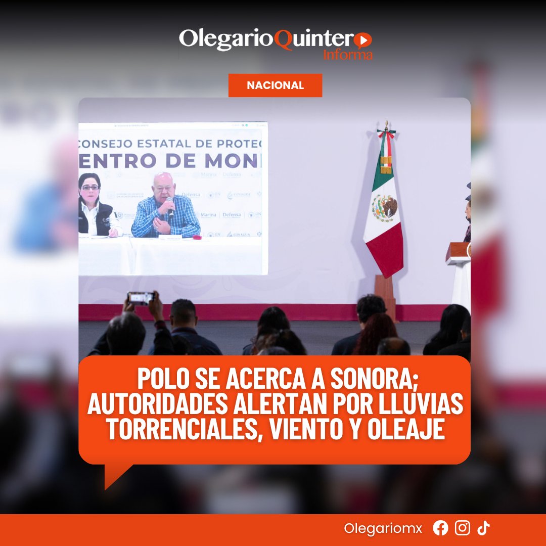 OlegarioMX's tweet photo. 🌀 Polo se acerca a Sonora; piden extremar precauciones
El ciclón avanza por el Golfo de California tras cruzar BCS. Se prevén lluvias torrenciales en Sonora y precipitaciones de muy fuertes a intensas en el norte de Sinaloa. 🌧️
Más info: https://t.co/M670pWTyzp
#Polo #Sonora https://t.co/M2rEwxp4v1