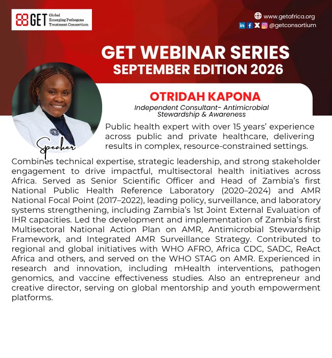 GETConsortium's tweet photo. 🔺 Happening Tomorrow!

Meet our speakers for the GET September Webinar on AMR &amp; Global Health Security.

📅 30 Sept | ⏰ 12 PM WAT

🔗 https://t.co/JsSK9McOA7

#GETWebinar #AMR #OneHealth #GETAfrica https://t.co/jMGUfzSuET
