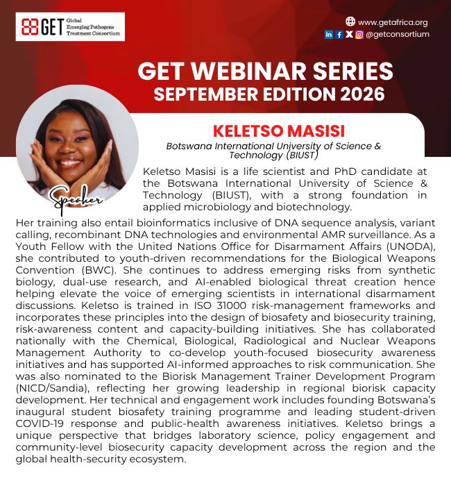 GETConsortium's tweet photo. 🔺 Happening Tomorrow!

Meet our speakers for the GET September Webinar on AMR &amp; Global Health Security.

📅 30 Sept | ⏰ 12 PM WAT

🔗 https://t.co/JsSK9McOA7

#GETWebinar #AMR #OneHealth #GETAfrica https://t.co/jMGUfzSuET