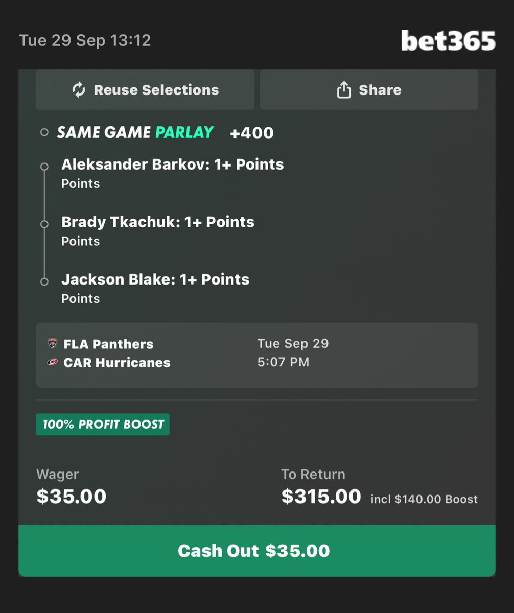 SlipSenseii's tweet photo. First SGP of the season ! 
100% Boosted on Bet365
#FlaPanthers vs #CarolinaCulture

35$ -> 315$

#NHL #NHLPicks #NHLProps #lotto #Moons #Nuke #Parlay #picks #props #Hockey https://t.co/ed4daHPw1D