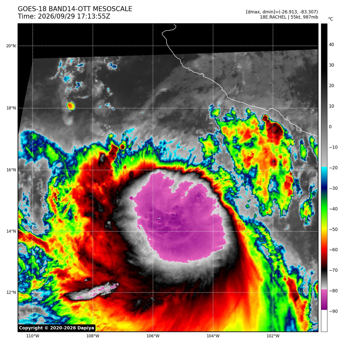 Stormteen1's tweet photo. Recon just measured a pressure of 987 mb on dropsonde in tropical storm #Rachel with FL winds of 60 kts. This translates to 55 kts (65 mph) at the surface. This is a very low pressure for this wind speed. Lower than #Polo at this wind. #hurricane #wxtwitter #epac #wx https://t.co/Z7tt2Vzt78