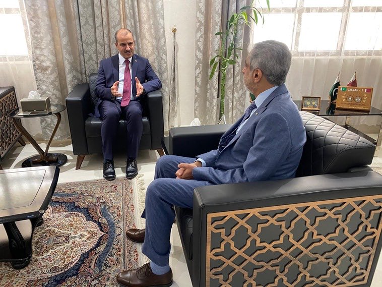 PakinQatar's tweet photo. H.E. Yakup Caymazoğlu, the newly arrived Ambassador of the brotherly country of 🇹🇷 was warmly received by Ambassador Muhammad Aamer at 🇵🇰 embassy today. Two envoys held productive discussions on matters of mutual interest and ways to further strengthen bilateral ties. 🇵🇰🤝🇹🇷 https://t.co/N2YEFH09zr